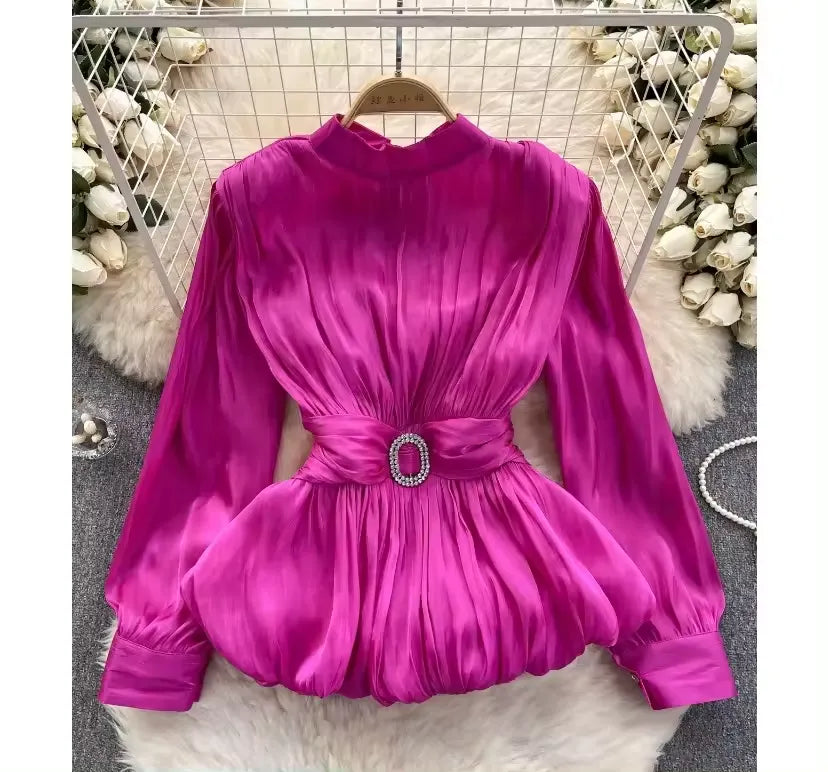 Retro Women's Design Sense Of Shirt Women Fold Waist Slimming Lotus Leaf Swing Advanced Sense Of Spring Top