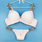Sexy push up underwear rhinestone shoulder strap steel ring bra gathered big chest set panty