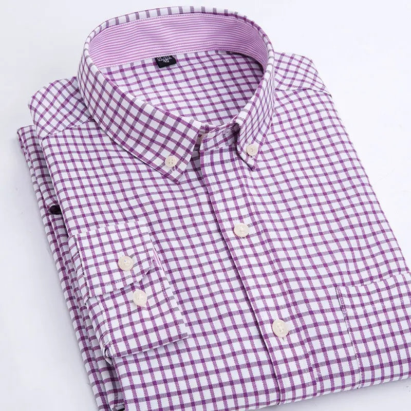 Oxford Men's Plaid Long Sleeve Shirt Casual Striped Shirt Men's White Top Camisas De Hombre