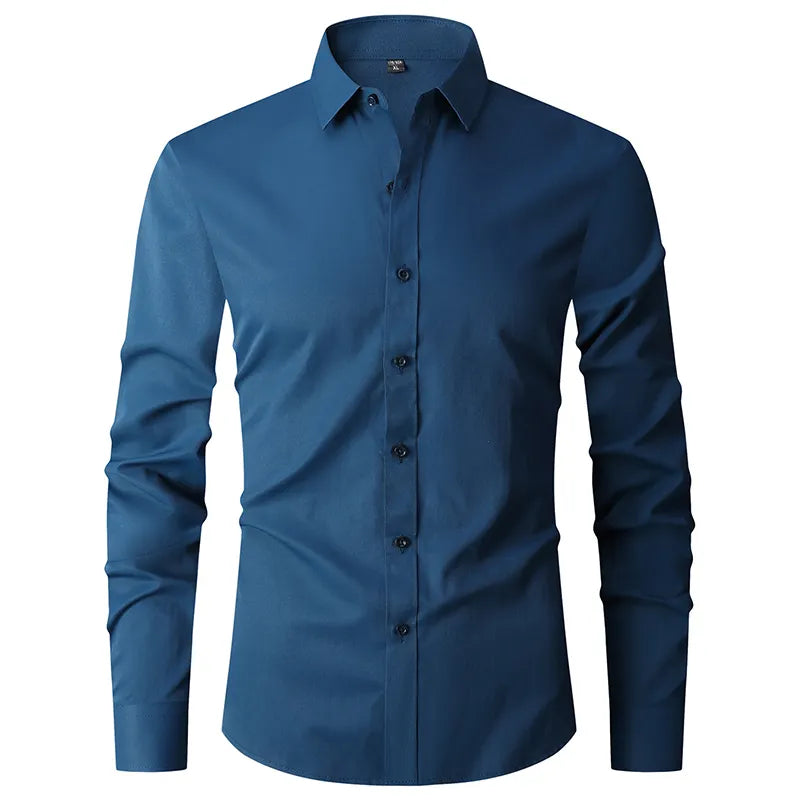 Button High Quality Classic Style Cotton Fabric Solid Color Long Sleeve Business Casual Men's Blue Shirt