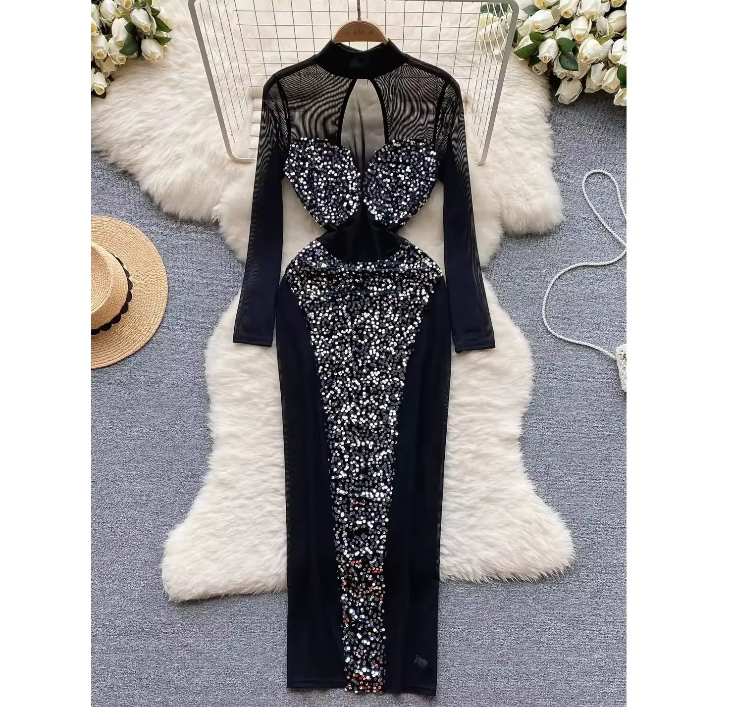 Plus-size Solid Color Club Dress New Design Sexy Long Sleeve See-through Sequin Dress