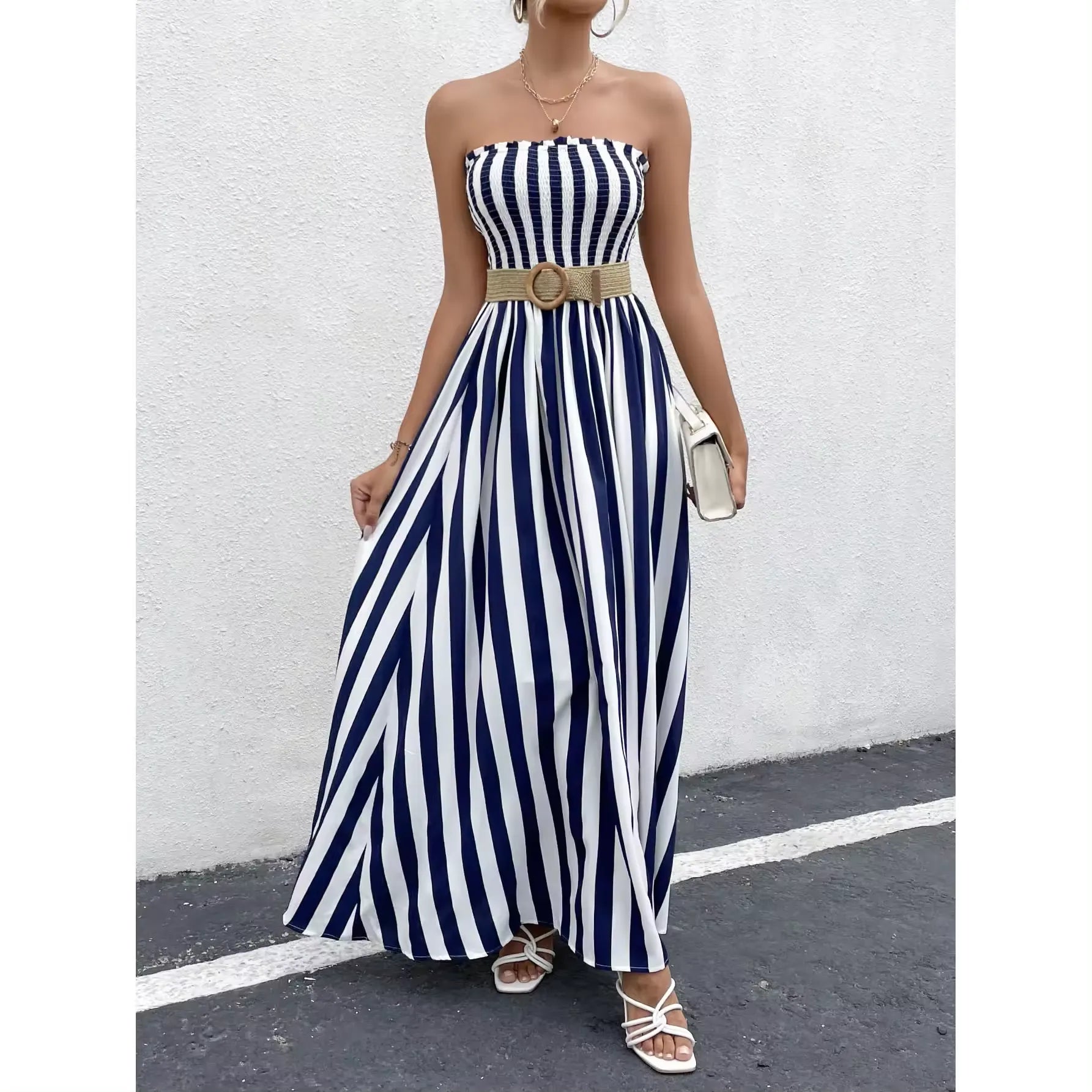Elegant Blue & White Draped Striped Maxi Dress