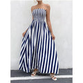 Elegant Blue & White Draped Striped Maxi Dress
