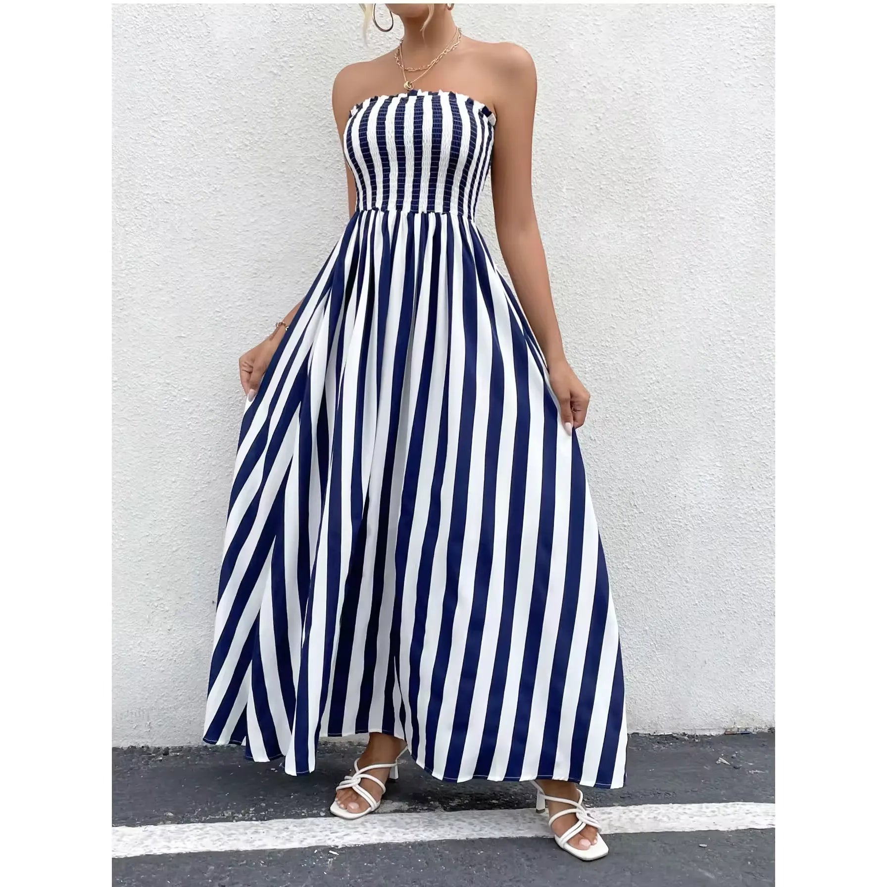 Elegant Blue & White Draped Striped Maxi Dress