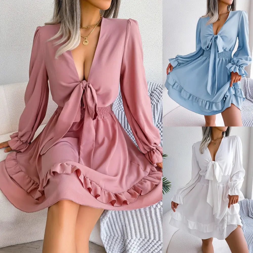 Popular Spring Summer European and American Casual Waistband Agaric Hem Large Swing Dress