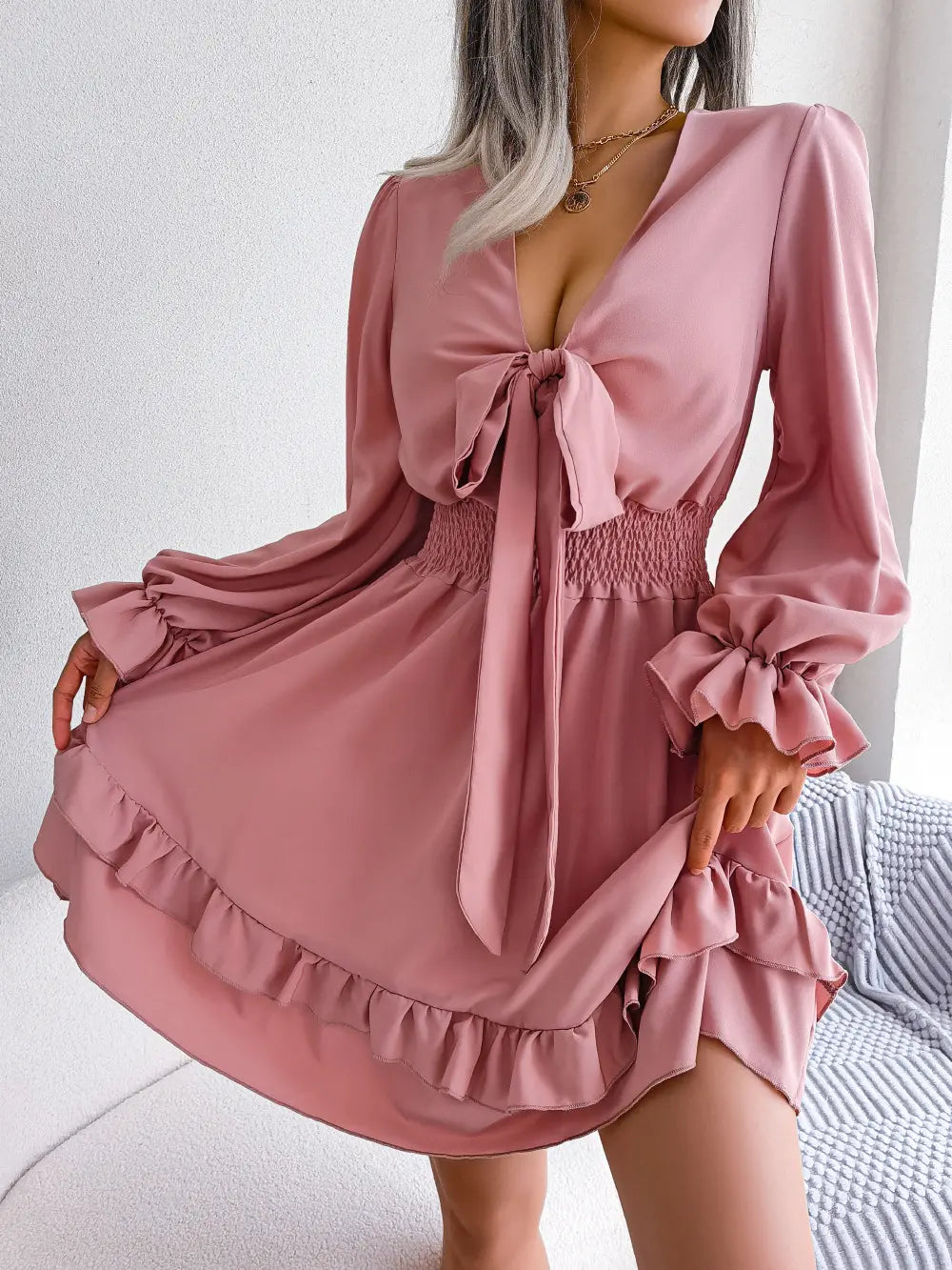 Popular Spring Summer European and American Casual Waistband Agaric Hem Large Swing Dress