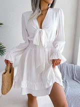 Popular Spring Summer European and American Casual Waistband Agaric Hem Large Swing Dress