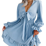Popular Spring Summer European and American Casual Waistband Agaric Hem Large Swing Dress
