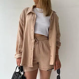 Spring And Summer Crepe Lapels Long Sleeves Navel Reveal Plus Size Casual Popular Women's Set