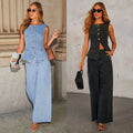 Women's Vest and Wide Leg Jeans Denim Suit