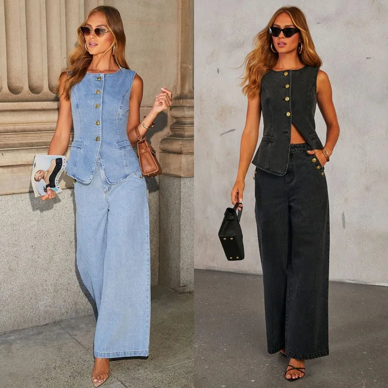 Women's Vest and Wide Leg Jeans Denim Suit