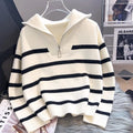 Women New Zipper Stripe Sweater Pullover