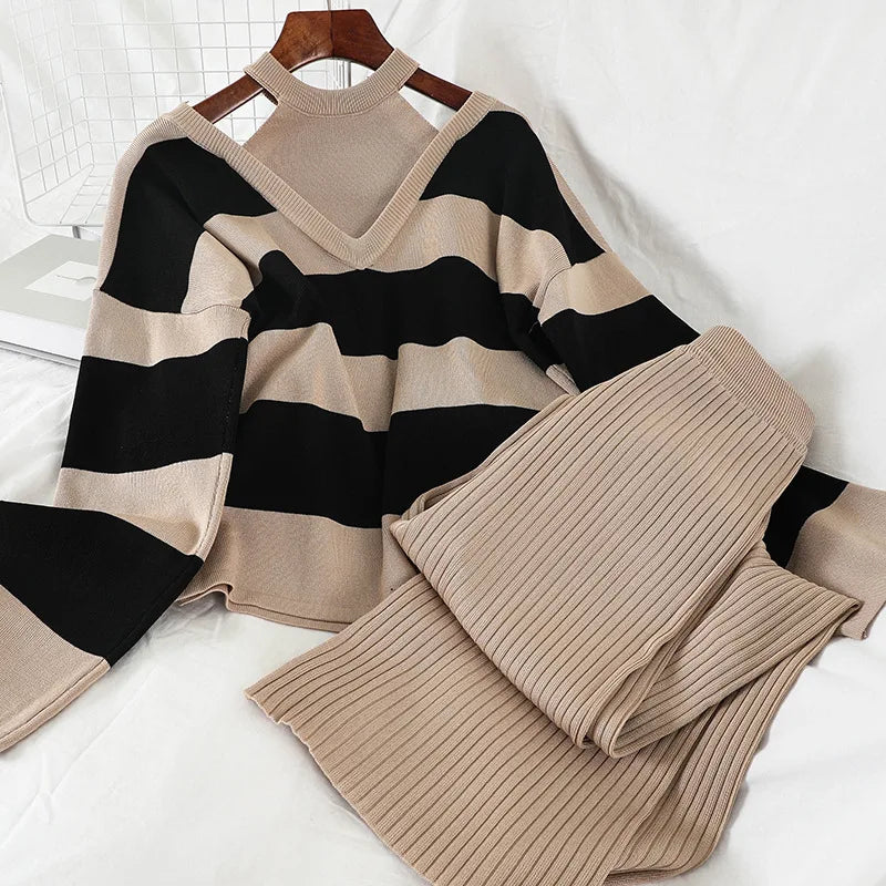 Women Sexy Knit Sweater Straight Leg Thin Wide Leg Pants Two-piece Set for winter season