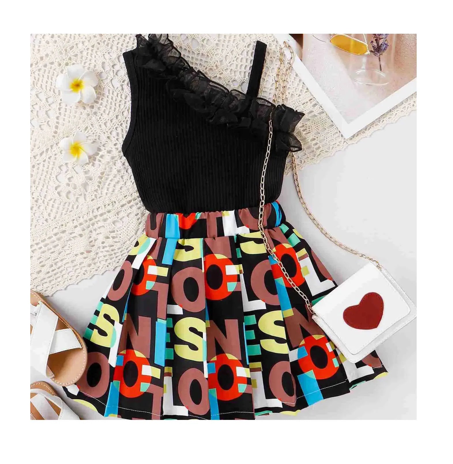 Girls’ Letter Top & Pleated Skirt Set