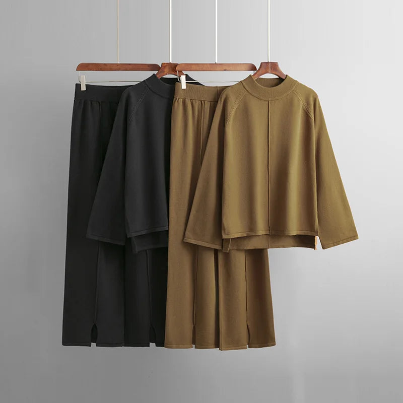 Women’s Knitted Long-Sleeve Pullover & Wide-Leg Pant Set