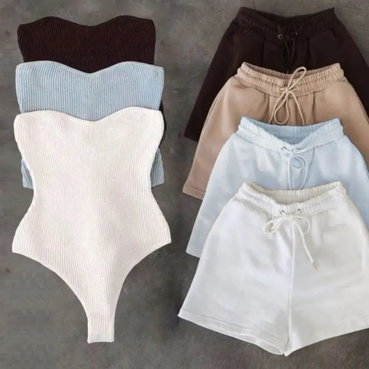 Women's Ribbed Tube Bodysuit Two-Piece Set