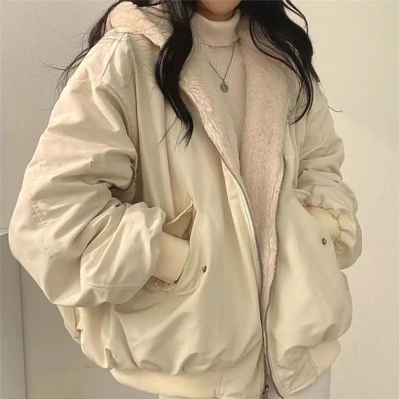Women Fashion New Zipper Hooded Thick Loose Casual  jacket