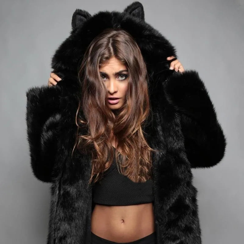Women’s Hooded Faux Fur Coat with Ears