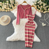 Women V-neck Pearl Button Short Knit Jacket set dress for winter season