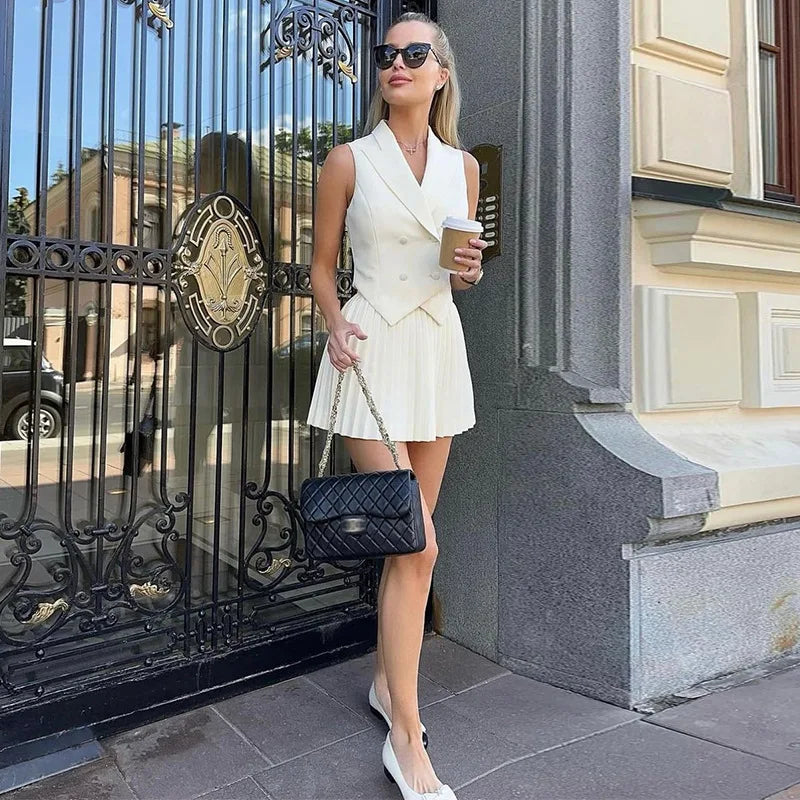 Casual V-Neck Sleeveless Blazer & Skirt Set