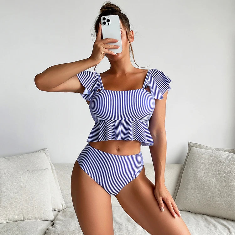 Striped Ruffle High Waist Backless Bikini Swimsuit