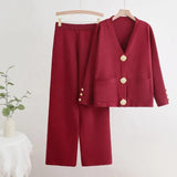 Women Row Metal Button Cardigan Top Wide Leg Pants set for winter season