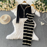 Women V-neck Pearl Button Short Knit Jacket set dress for winter season
