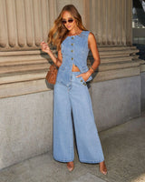Women's Vest and Wide Leg Jeans Denim Suit