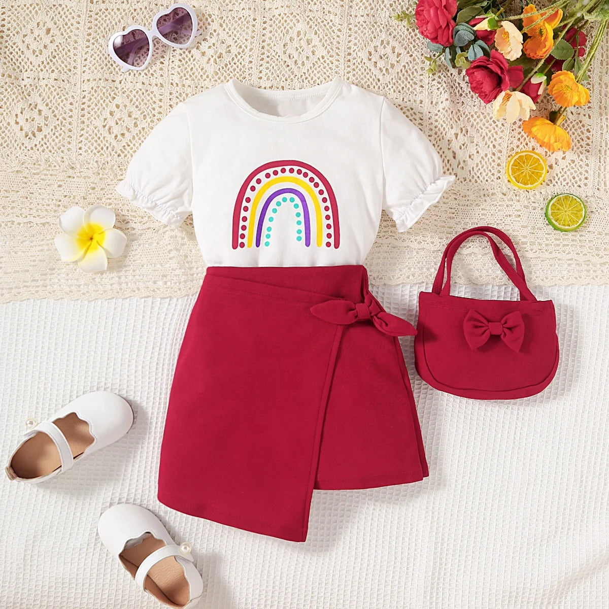 Summer Rainbow Print Top & Irregular Skirt Set for Girls