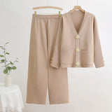 Women Row Metal Button Cardigan Top Wide Leg Pants set for winter season