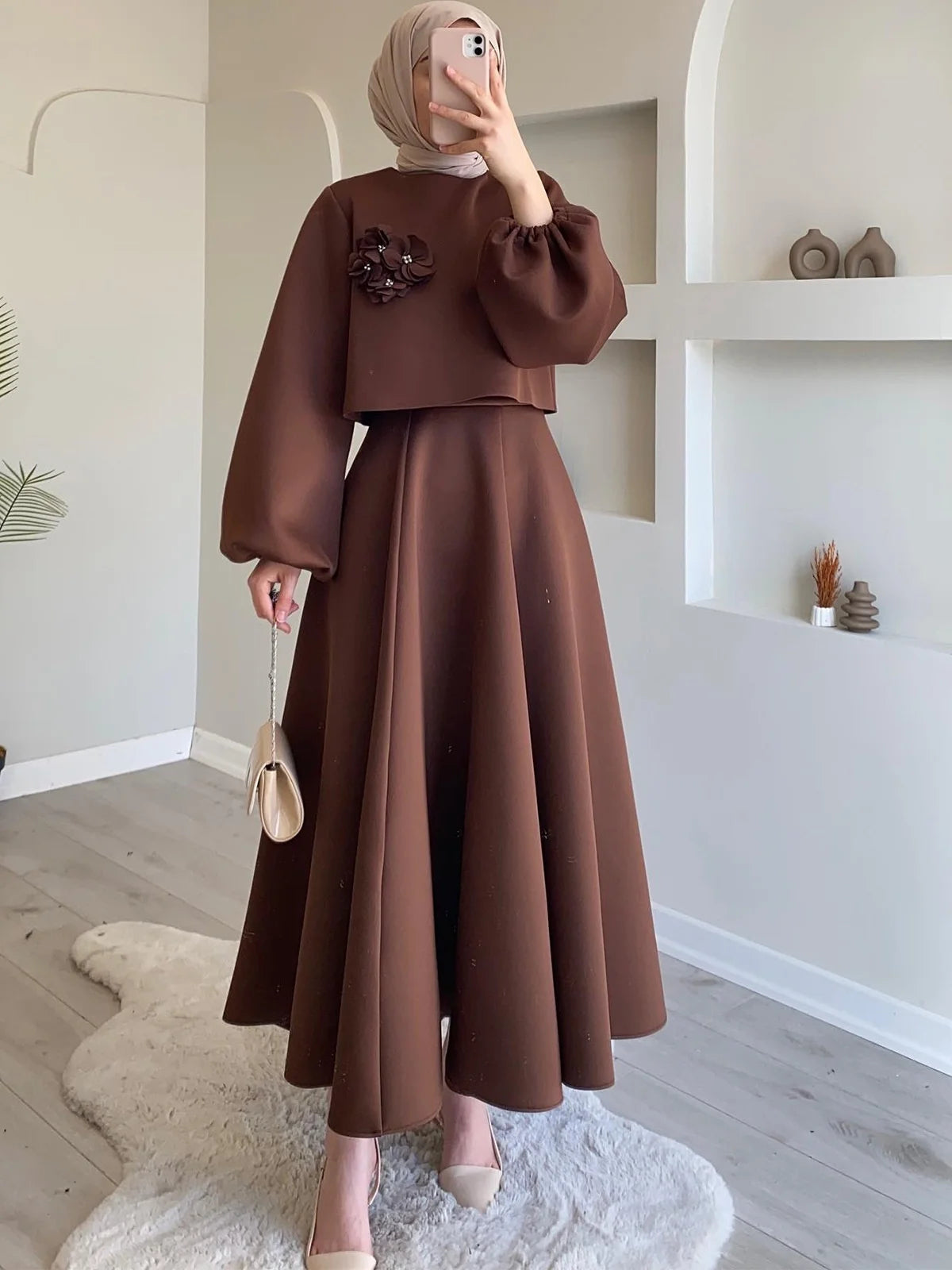 Flower Lantern Sleeve Loose Dress Women's Set Two Piece Set for autumn season