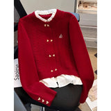 Women Fashion Stand up Collar Fake Two-piece Long Sleeved Knitted Cardigan