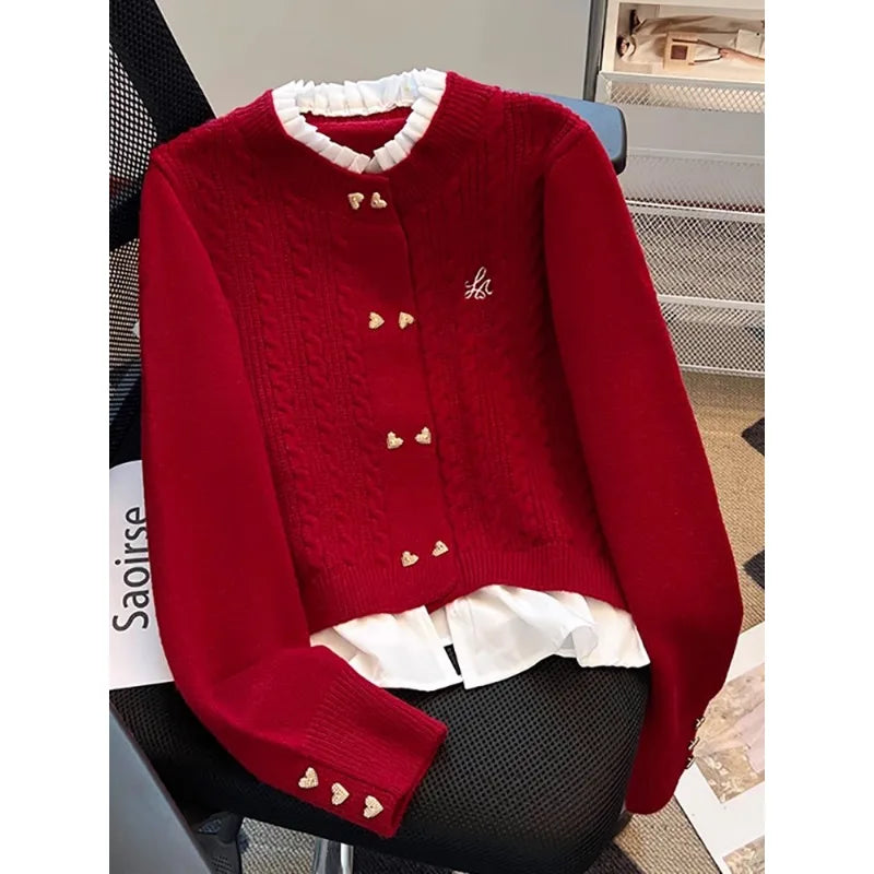 Women Fashion Stand up Collar Fake Two-piece Long Sleeved Knitted Cardigan