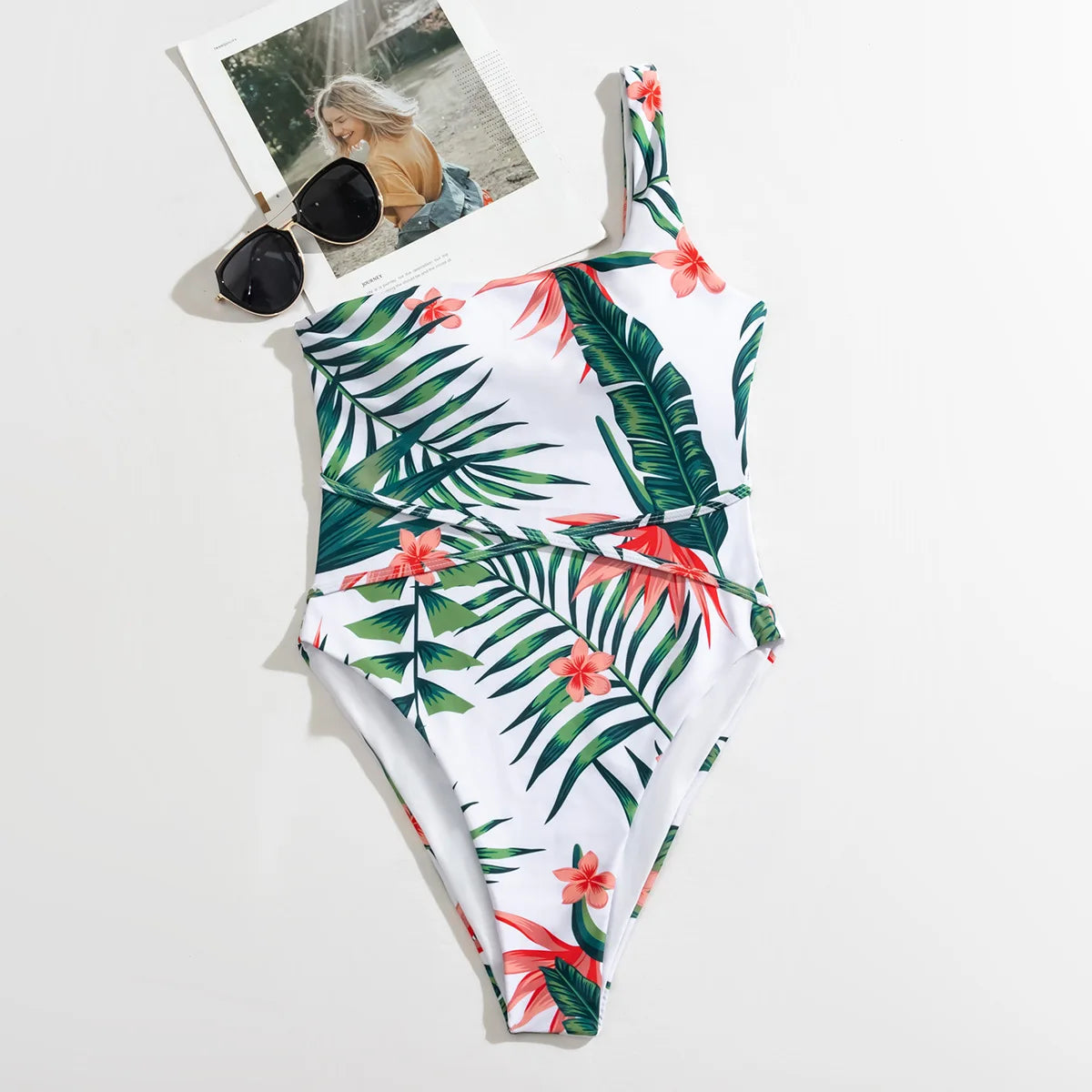 One Piece Plant Print Swimsuit