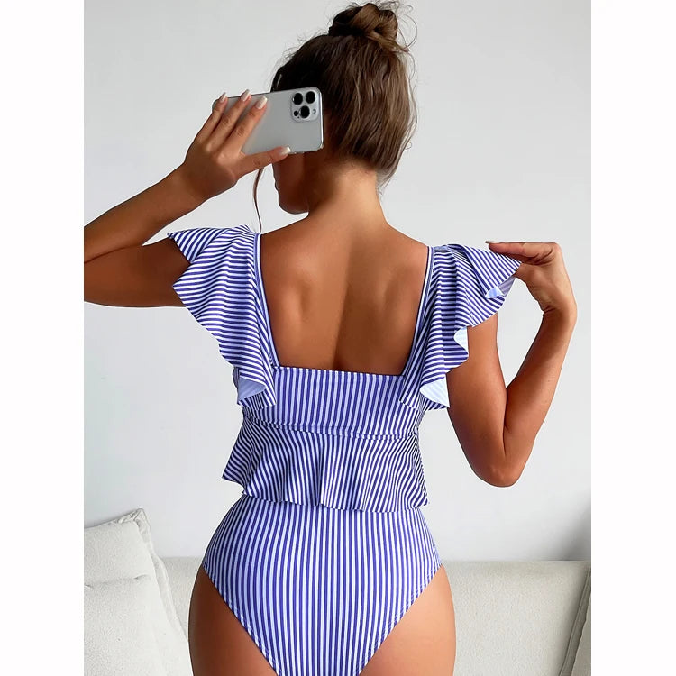 Striped Ruffle High Waist Backless Bikini Swimsuit