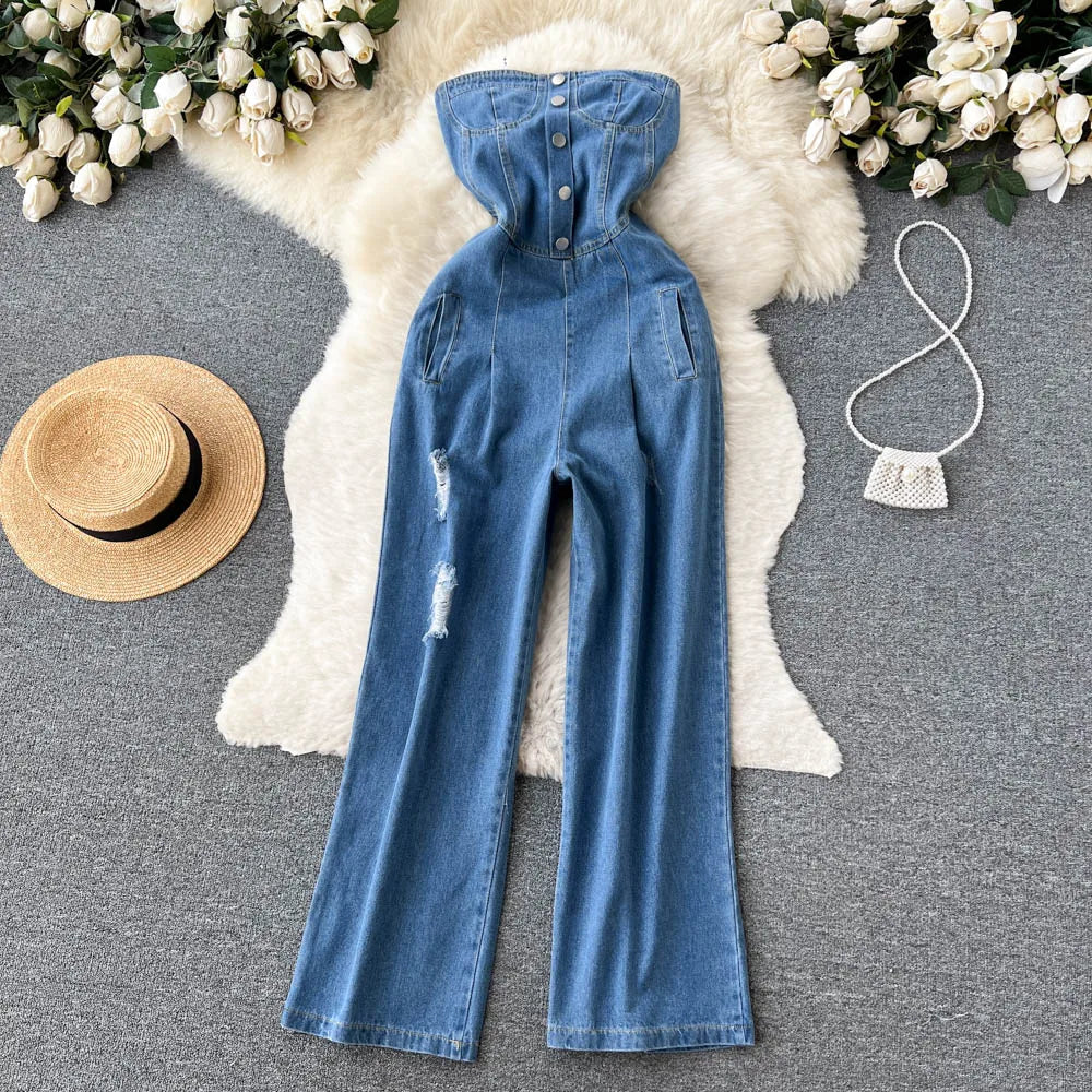 New Retro Sexy Single-Breasted Female Denim Chest Wide-Leg Denim Pants Jumpsuit