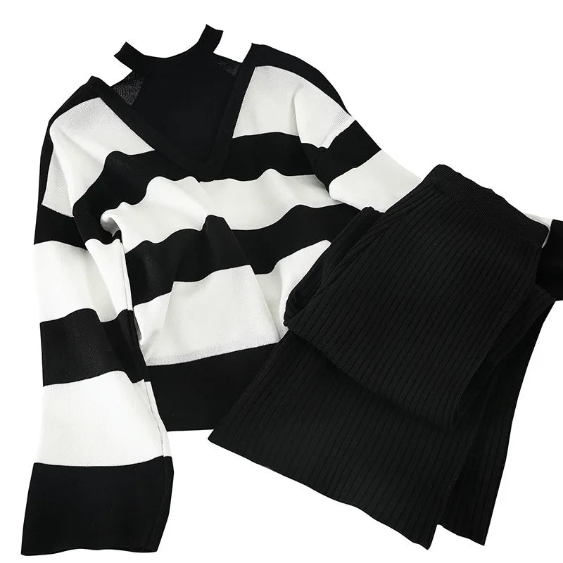 Women Sexy Knit Sweater Straight Leg Thin Wide Leg Pants Two-piece Set for winter season