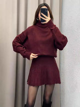 Women High Neck Sweater Knit Wear Top and Pleating Skirt for winter season