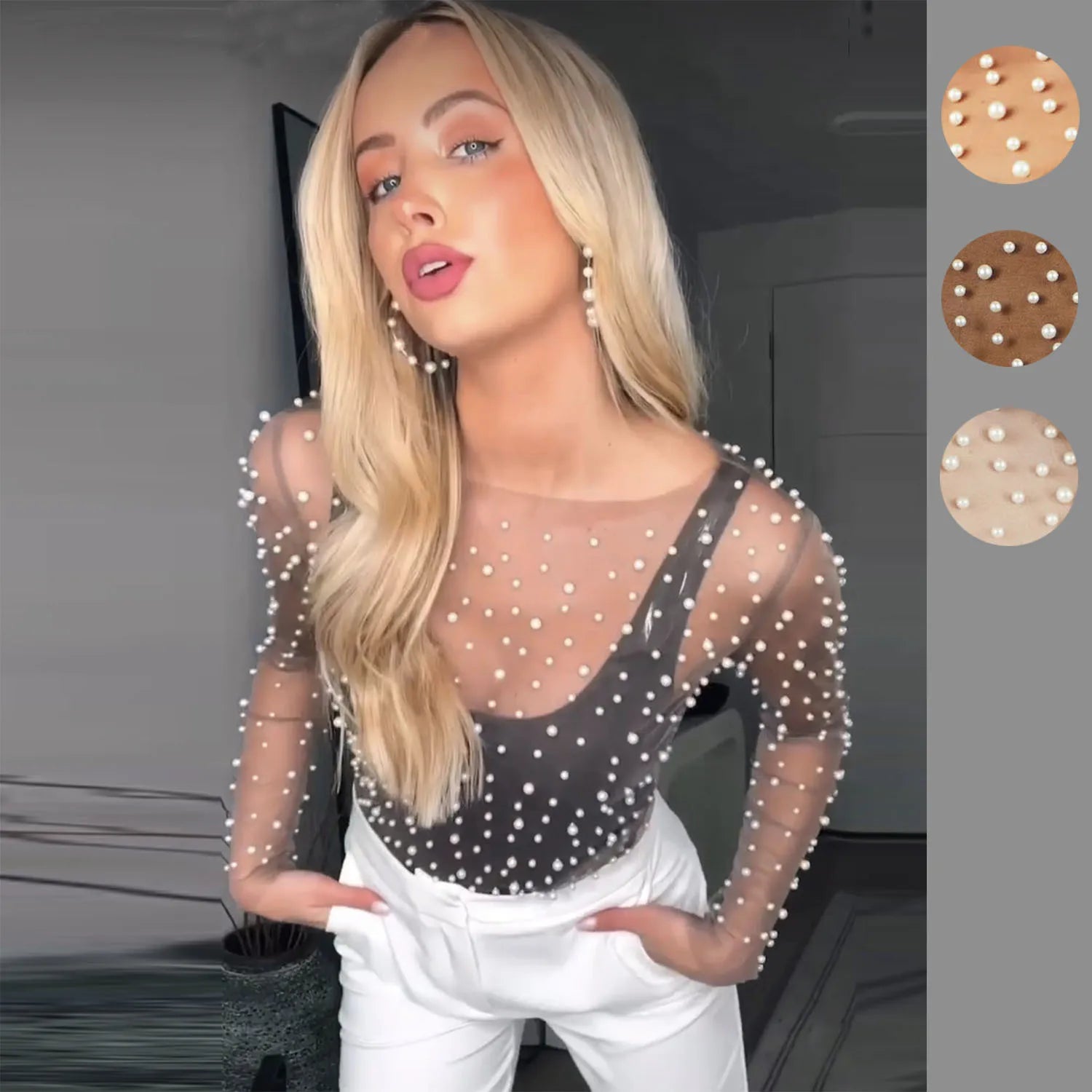 Women's See-Through Lace Beaded Top