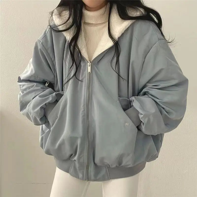Women Fashion New Zipper Hooded Thick Loose Casual  jacket