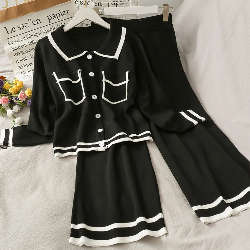 Long-sleeved Sweater Autumn High-waisted Slim Drape Wide-leg Pants Women's Set for winter