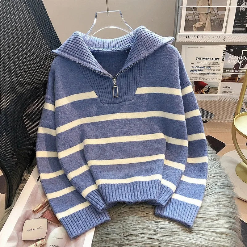 Women New Zipper Stripe Sweater Pullover