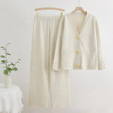 Women Row Metal Button Cardigan Top Wide Leg Pants set for winter season