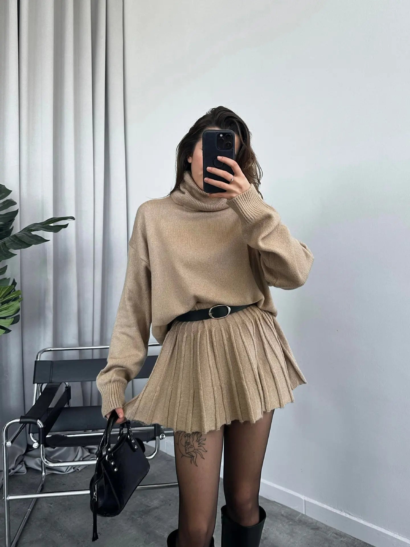 Women High Neck Sweater Knit Wear Top and Pleating Skirt for winter season