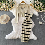 Women V-neck Pearl Button Short Knit Jacket set dress for winter season