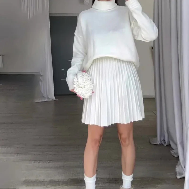 Women High Neck Sweater Knit Wear Top and Pleating Skirt for winter season