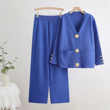 Women Row Metal Button Cardigan Top Wide Leg Pants set for winter season