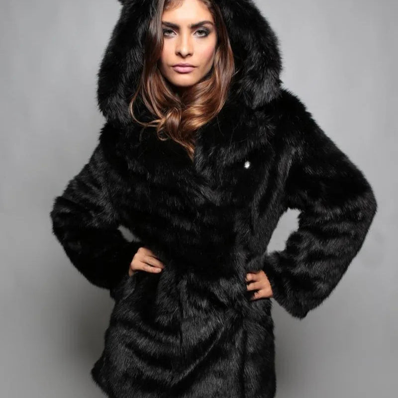 Women’s Hooded Faux Fur Coat with Ears