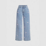 Women New High Waist Wash Bow Wide Leg Pants Jeans