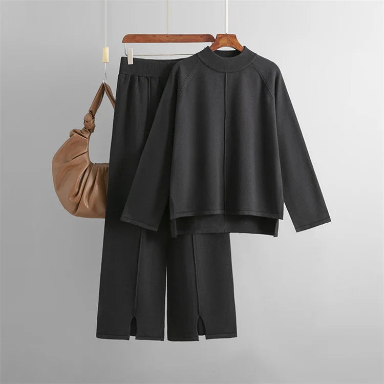 Women’s Knitted Long-Sleeve Pullover & Wide-Leg Pant Set
